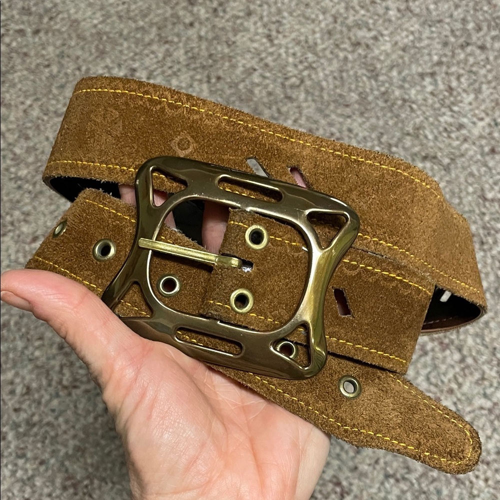 Vintage 60s/70s Brown Suede Belt with large brass buckle